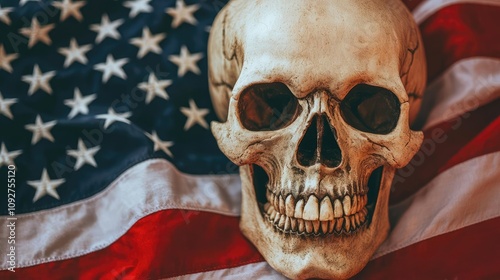 Human skull on an American flag, symbolizes mortality and patriotism.
