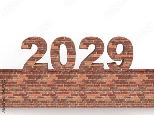 Brick New Year 2029 set on a stone wall in front. Post idea for a construction company. 3d rendering