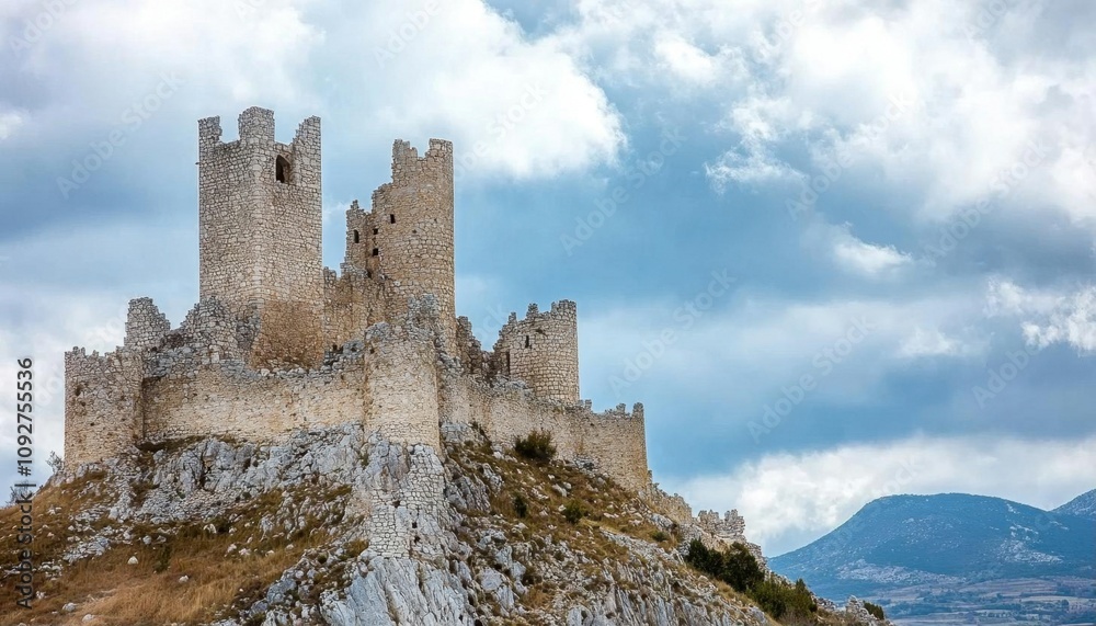 A medieval stone castle atop a rocky hill under a cloudy sky.