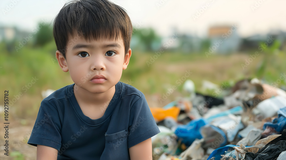 Sad child sitting near a pile of trash in a polluted field, highlighting environmental pollution and its impact on children Sad child sitting near a pile of trash in a polluted field, highlighting environmental pollution and its impact on children