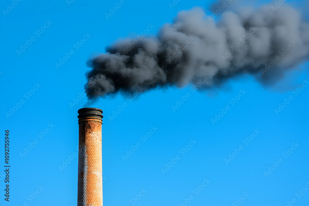 Industrial chimney emitting thick black smoke against a clear blue sky, representing pollution and emissions