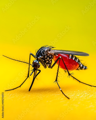 Close up of a Mosquito Insect Red Abdomen Yellow Background Detailed Macro Photography