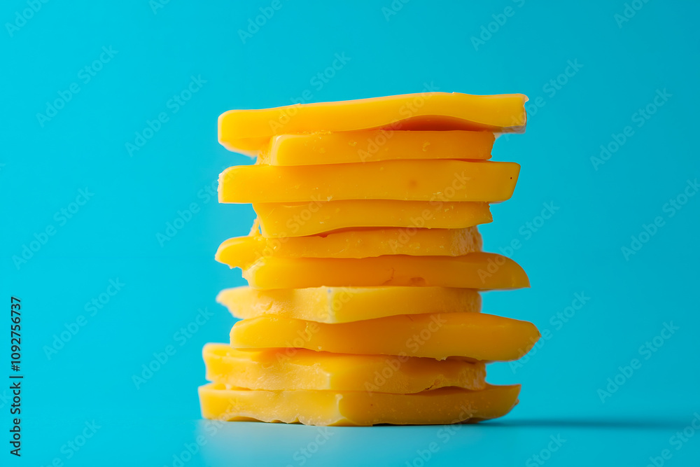 A stack of cheese on a blue background A stack of cheese on a blue background