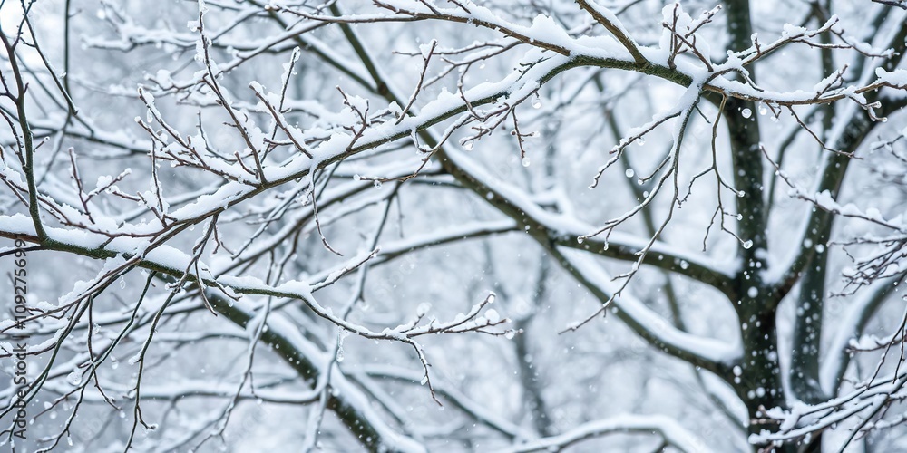 Obraz premium Snowflakes gently fall onto the frozen branches of a deciduous tree, frosty mornings, frozen branches, snowfall
