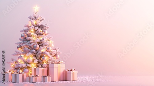 Elegant Christmas Tree with Delicate Ornaments and Gifts on Dreamy Pastel Background