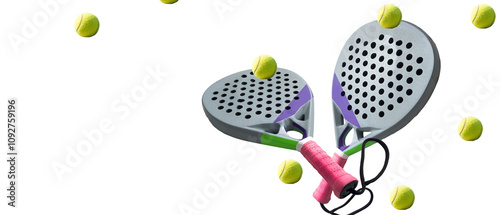 Padel tennis racket. Background with copy space. Sport court and balls. photo