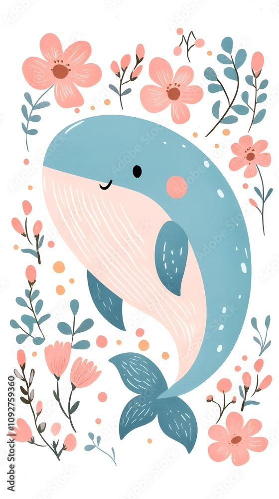 Fototapeta premium Cute Whale with Floral Design Baby Animal Illustration Nursery Decor Kids Art