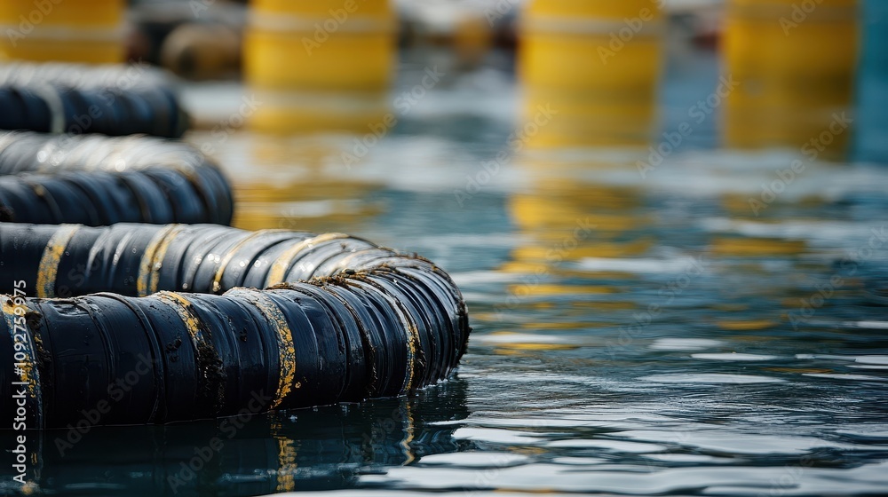 Fototapeta premium Oil Spill Management Concept, Rows of Floating Containment Booms in a Calm Water Area, Effectively Managing Pollution and Protecting the Marine Environment From Contaminants
