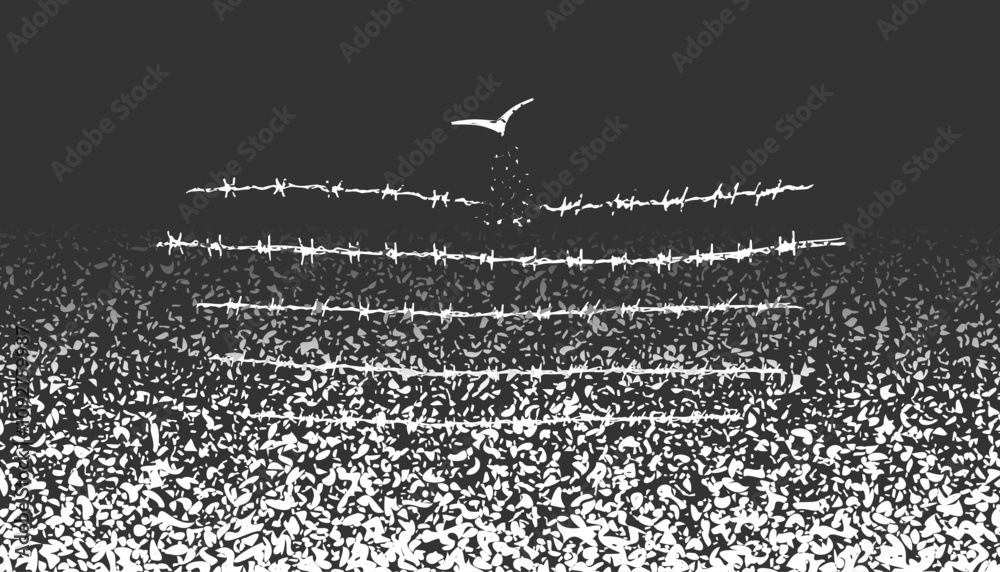 concept freedom, flight, breaking barriers, liberation, victory. barbed wire breaks and turns into a bird. Addiction Recovery Dispersion black and white effect. 