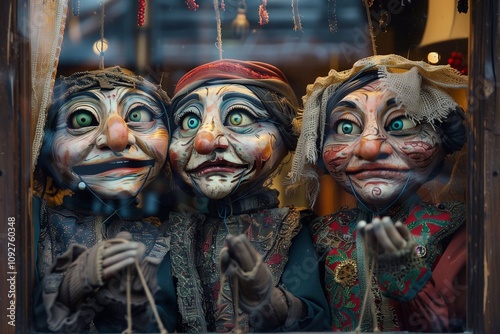 Three detailed puppets in a window display their lively expressions and costumes photo