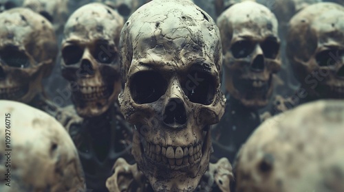 Skulls of the dead in a dark setting reflect on mortality