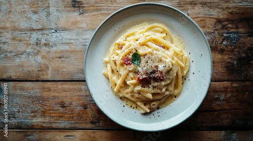 A delicious portion of well cooked Penne carbonara, arranged on a rustic wooden table photo