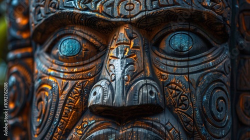 A striking Maori carving showcases intricate designs and expressive features of its culture photo