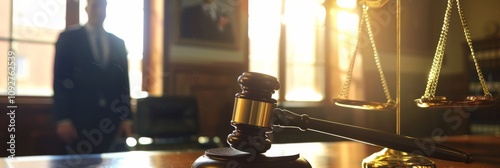 In a courtroom scene, a judge with a gavel and scales of justice represents the legal systems focus on trial components like defense strategies, evidence presentation, and verdict delivery photo