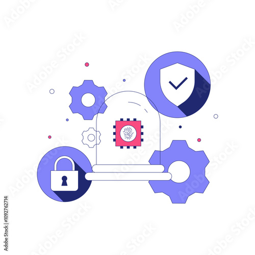 Shield With Gear And Lock In Flat Vector Illustration Symbolizing Cybersecurity, Tech Safety, And Data Privacy, Isolated On White Background