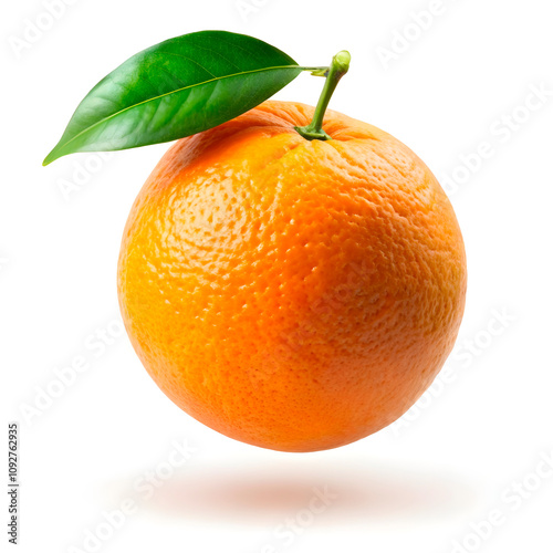 an orange with a green leaf on it is shown on a white background6 photo