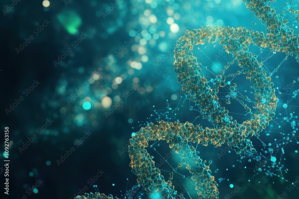 Fototapeta premium Detailed close-up of a DNA double helix with glowing elements in a dark background