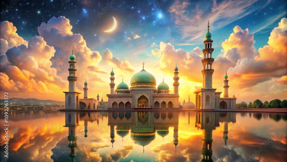 Fototapeta premium Stunning isra miraj background with vibrant sky and crescent moon for celebration design