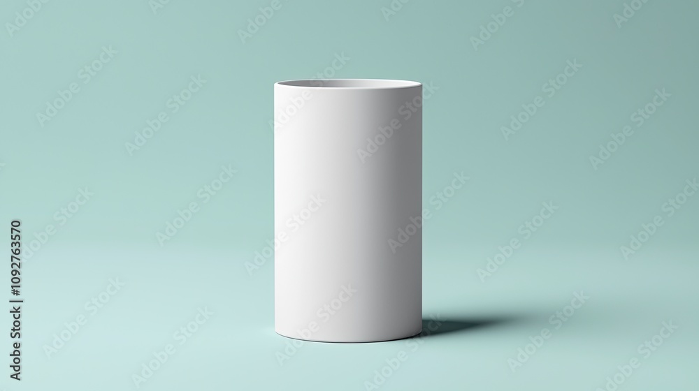 White cylindrical container on a light teal background.