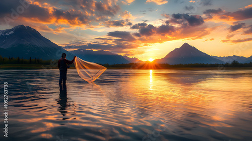 An Alaskan Native Fisherman Casting Nets Under Brilliant Sunset Over Crystal Waters photo