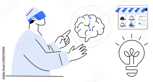 Man wearing VR headset interacting with virtual brain, shop banner with profiles, light bulb. Ideal for innovation, technology, remote work, education, creativity, brain science virtual