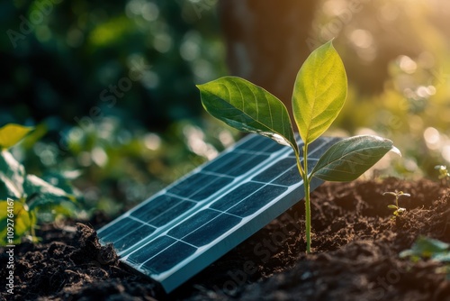 Young plant growing next to a solar panel in a lush green environment photo