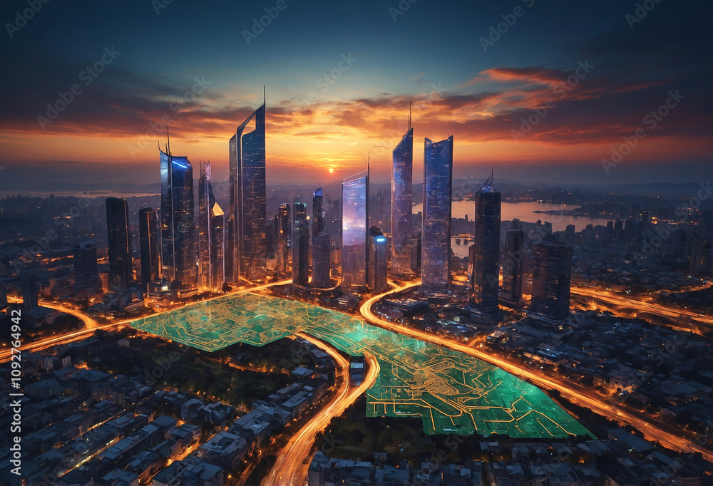 Fototapeta premium futuristic city skyline at sunset with computer circuits, symbolizing future technology