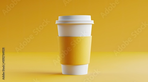 White Disposable Coffee Cup with Yellow Sleeve on Yellow Background