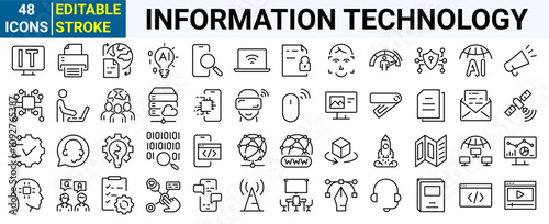 Information Technology web line icon set. Containing cloud computing, IT manager, big data, data analytics, internet, network security and more.