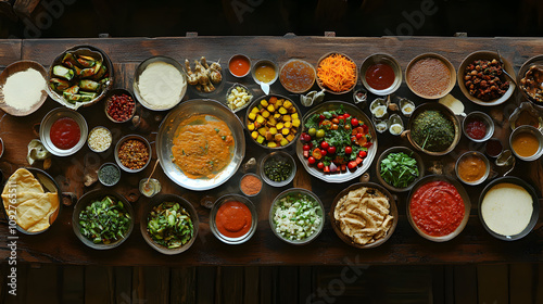 A Sumptuous Ethiopian Spread: Vibrantly Arranged Injera Accompanied by Diverse Sauces and Colorful Vegetables on a Large Table