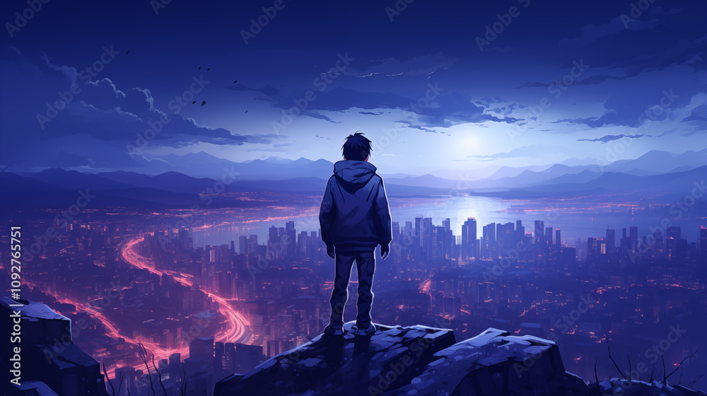 Young man stands on cliff over city at night, contemplating urban skyline under moonlight Young man stands on cliff over city at night, contemplating urban skyline under moonlight