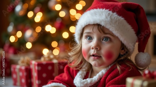 Young child in festive outfit celebrates Christmas with gifts and decorations in a cozy room filled with holiday lights