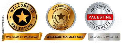 Welcome to Palestine country embrace greeting coming visit tourist destination tourism place stamp colorful badges emblem sticker ribbon banner medallion medal design icon set collection