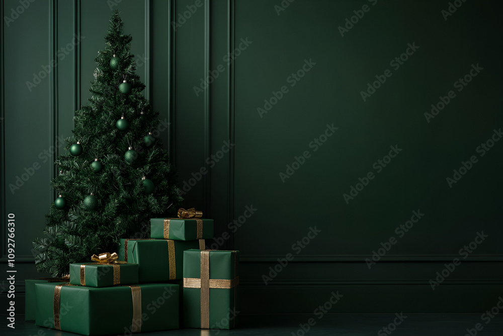 Fototapeta premium Festive green christmas tree display indoor setting holiday decor modern aesthetics cozy atmosphere celebration theme