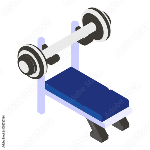 Bench Press Set isometric concept,  weight training bench with barbell vector icon design, Fitness Wellness symbol, Workout Weightlifting sign, Personal training equipment stock illustration