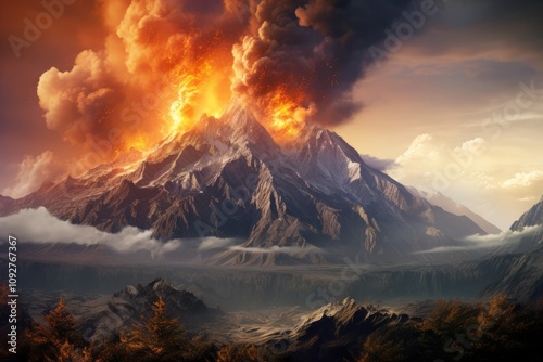 Dramatic scenery of a massive volcano erupting with molten lava, ash, and smoke filling the sky at sunset