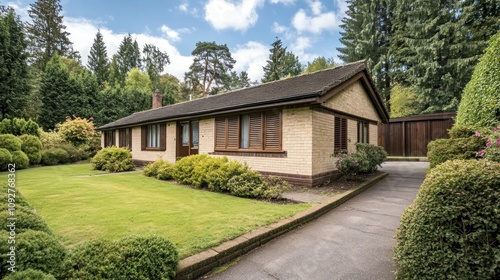 A charming single-story house surrounded by lush greenery and a well-maintained lawn.