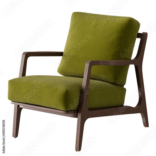 A green chair with a brown frame