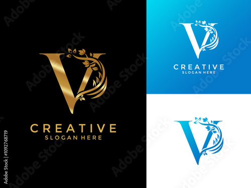 Letter V with Luxury Gold Flower logo design vector template, Initial Letter Professional logo for all kinds of business