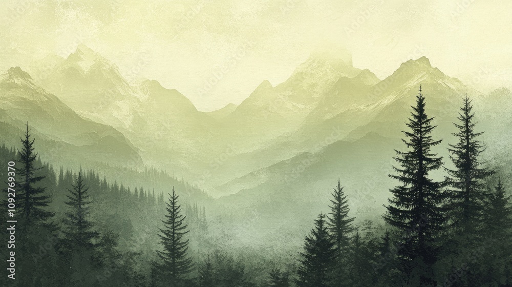 A hazy mountain scene with pine trees, perfect for adding your own text or image. It's got a vintage, retro feel. A hazy mountain scene with pine trees, perfect for adding your own text or image. It's got a vintage, retro feel.