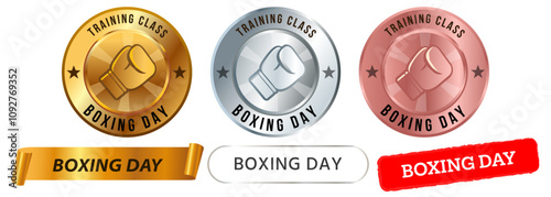 Boxing day sport class exercise celebrating fighting workout train boxer athlete event stamp colorful badges emblem medal label ribbon sticker design icon set collection