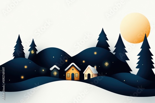 winter doodle village, a simple depiction of a charming christmas village with small houses lit up, nestled in snowy hills, perfect for notes photo