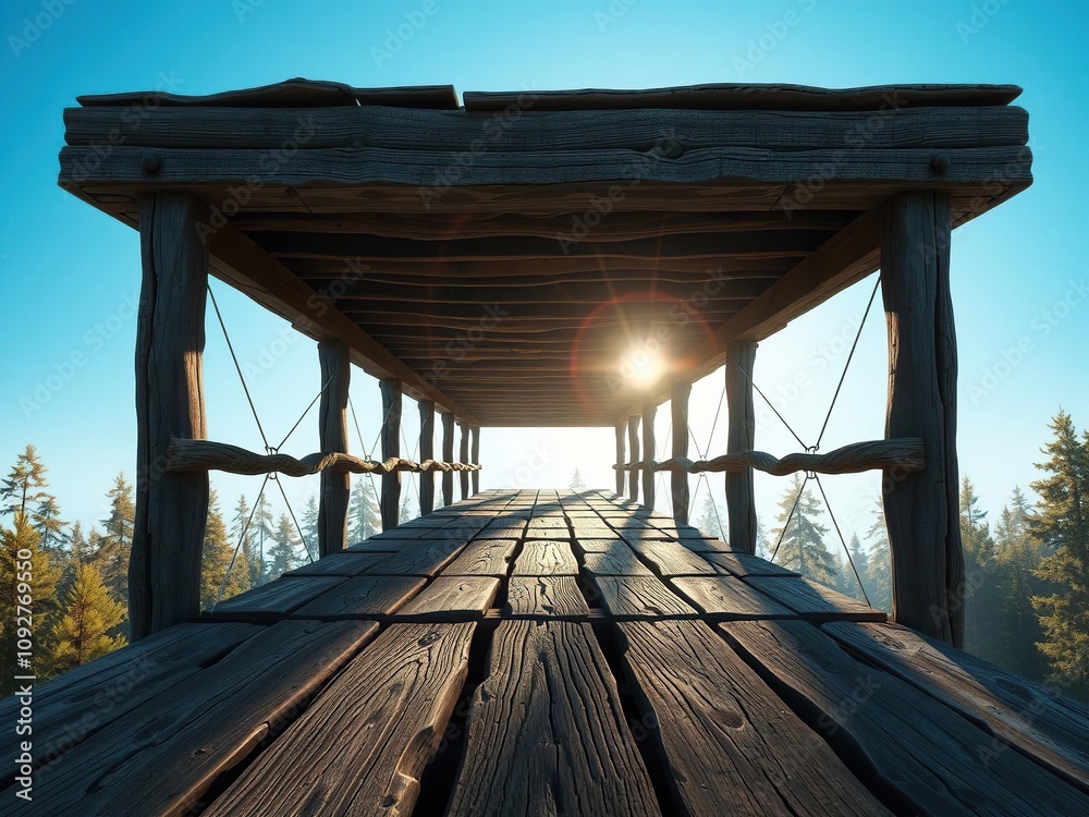 Fototapeta premium Wooden planks of an old bridge suspended above the forest floor beneath a bright blue sky with gentle sunlight filtering through, sunlight, scenic view, nature