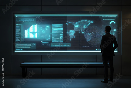 A Man Observing Futuristic Global Data Network Interface on a Large Screen.  Digital Analytics Dashboard Visualization for Business Innovation and Growth.