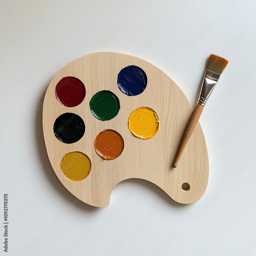 A wooden artist palette with vibrant paints and a brush for creative expression and artistic endeavors.