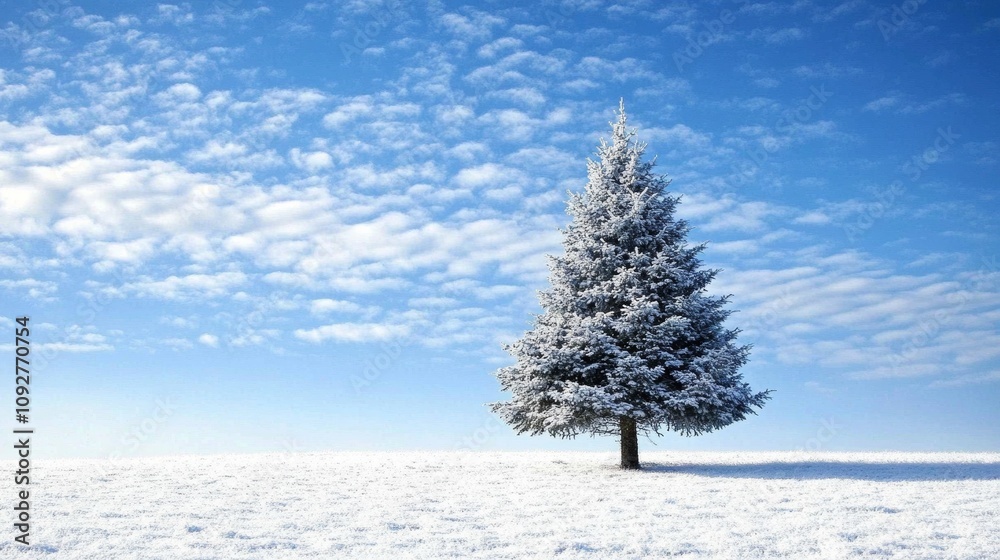 A snowy field with a fir tree beneath a beautiful blue sky. A snowy field with a fir tree beneath a beautiful blue sky.