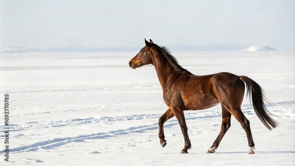 Young brown thoroughbred mare standing alone in a vast white open space, solo animal, free range, landscape Young brown thoroughbred mare standing alone in a vast white open space, solo animal, free range, landscape