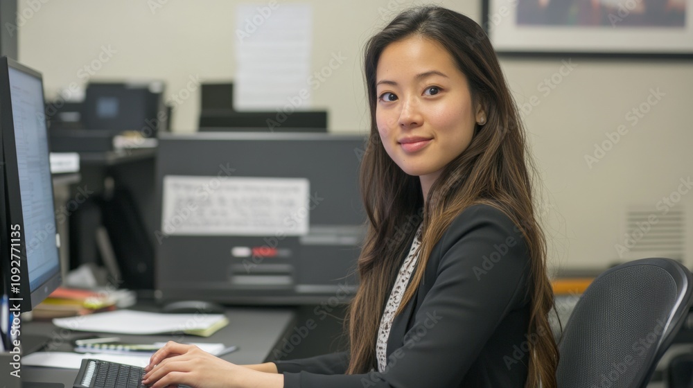 A woman is working at her desk in an office. A woman is working at her desk in an office.