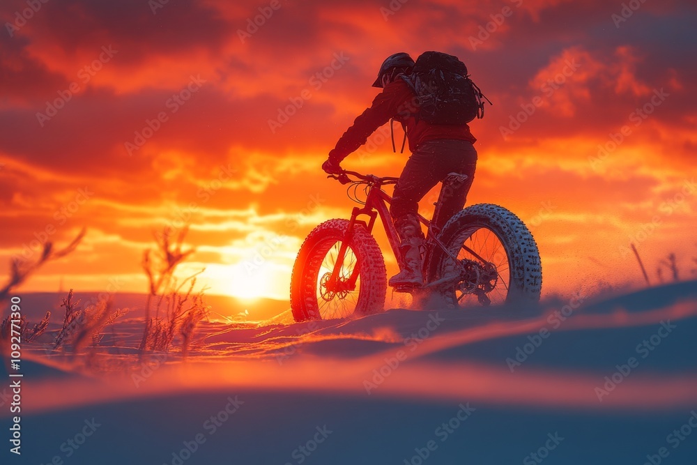 Obraz premium A cyclist on a fat bike against the backdrop of a sunset. Generative AI