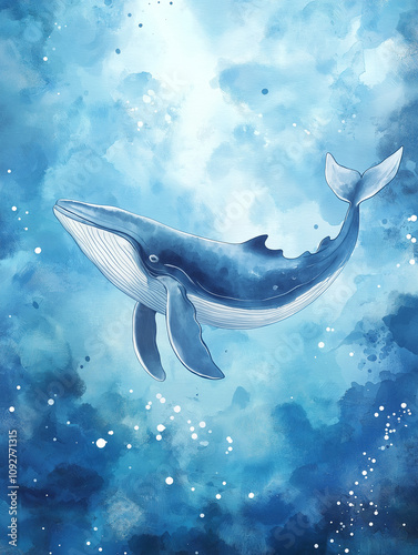 Majestic Whale in Watercolor Ocean. Concept of marine life, underwater world, and tranquility.
